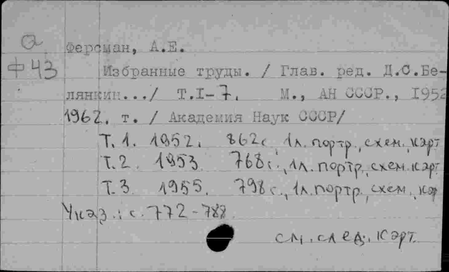 ﻿.Ферсуан, Л.2.
Избранные труды. / Глав. ред. Д.С.Белянины.../ Т.1-7. М., АН^бР., 199 ш т. / Академия Наук ООСР/
Т.4. 4^6 2..	(д, ао|)-Т|> счг-н, \1Э|'7
Т<2-.	7ЬЪ;. у4/\. ПОрТу’,	|С7|>;
ТЛ^6'5.	7^6<,А ^.партр. схсхм,
С М . <-Л	1^^7,